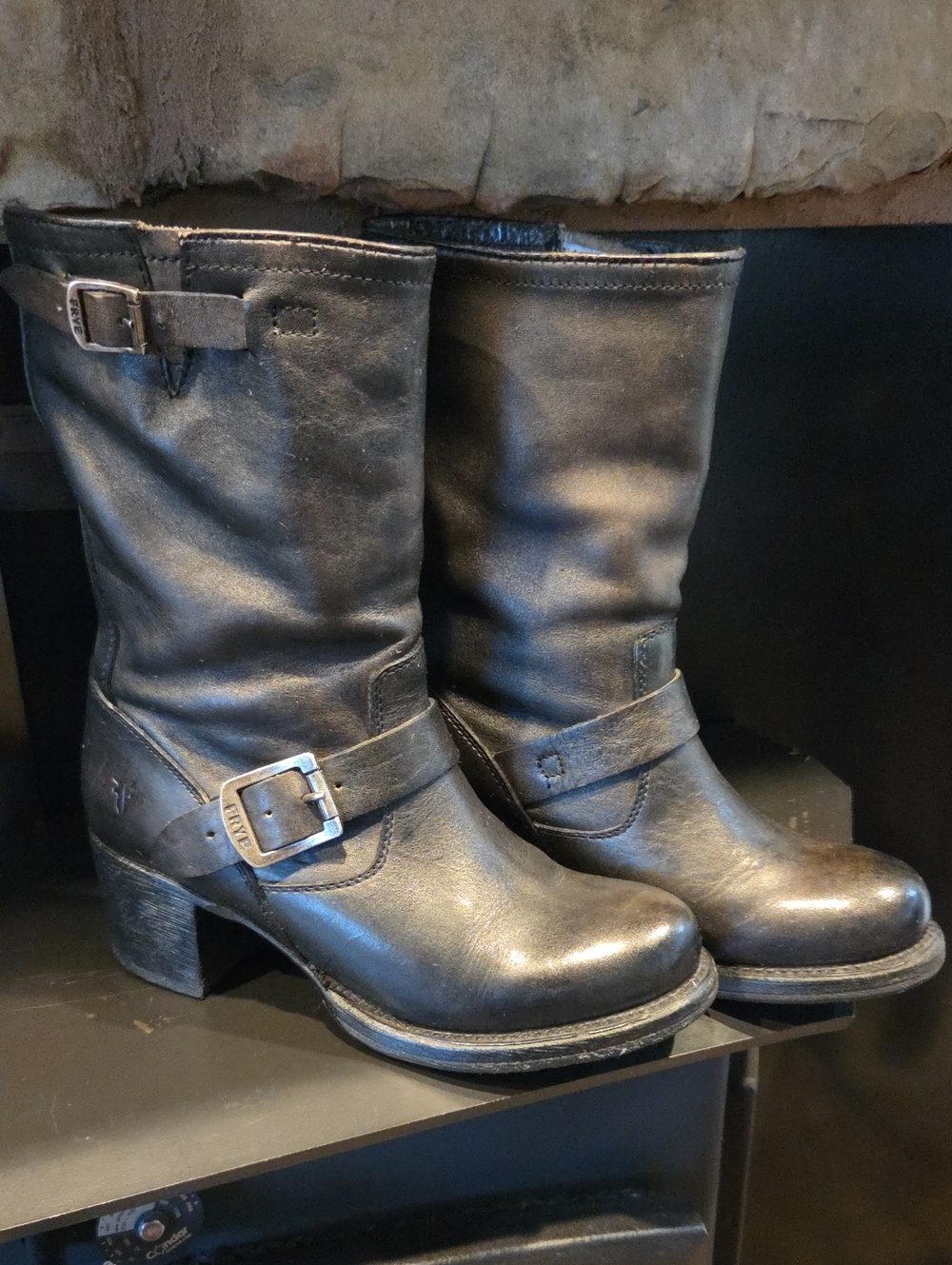 Frye Black Leather Engineer Mid-Calf Buckle Heeled Boots